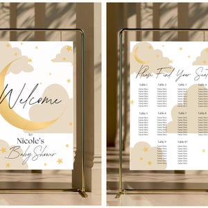 Neutral "Over the Moon"-välkomstskylt och sittplatskarta för babyshower | Direkt nedladdning | Neutral babyshower-skyltning | Beige/Ljusbrun