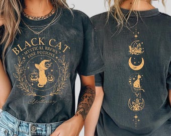 Mystical Black Cat Comfort Colors Shirt, Witchy Halloween Moon Phases Tee, Vintage Celestial Cat Graphic T-Shirt for Spooky Season Lovers