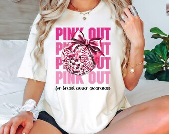 Pink Out Baseball Comfort Colors Shirt, Breast Cancer Awareness Tee with Disco Ball and Bow, October Game Day Pink Ribbon Support T-Shirt