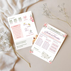 Può includere: Due cartoncini bianchi per il programma di matrimonio con dettagli floreali rosa e testo. Una carta mostra una cronologia intitolata Our Love Story con i dettagli dell'evento. L'altra elenca il corteo nuziale, i nomi Justin & Christine e una mappa.