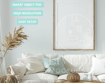 Coastal Interior Frame Mockup, Beach House Frame Mockup, Nautical Palette Summer Interior Wall Art Mockup, Vertical Frame PSD Smart Object