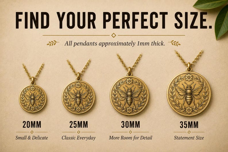May include: Four round brass-toned bee pendants on chains, labeled 20mm, 25mm, 30mm, and 35mm. Text reads: FIND YOUR PERFECT SIZE. All pendants approximately 1mm thick. Small & Delicate, Classic Everyday, More Room for Detail, Statement Size.