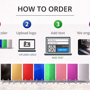 May include: Image showing the ordering process for a custom product. Steps include choosing a color, uploading a logo, adding text, and engraving. A variety of colored metal plates are displayed, along with a laptop and engraving machine.