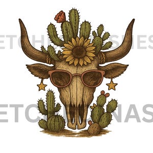 Rustieke woestijnkoe-schedel PNG – zonnebloem Cactus Western Sublimatie – 300 DPI digitaal bestand