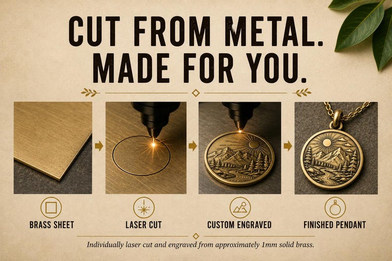 May include: A four-step process graphic showing a brass sheet, laser cutting, custom engraving, and a finished pendant on a chain. The text reads: CUT FROM METAL. MADE FOR YOU. BRASS SHEET, LASER CUT, CUSTOM ENGRAVED, FINISHED PENDANT. 1mm solid brass.