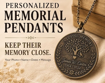 Personalized Memorial Pendant Necklace | Custom Engraved Brass Remembrance Jewelry, Photo In Memory Gift