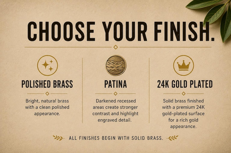 May include: An informational graphic titled CHOOSE YOUR FINISH. It displays three options: POLISHED BRASS with a sparkle icon, PATINA with a wave icon, and 24K GOLD PLATED with a crown icon. Text descriptions explain each finish, noting all begin with solid brass.