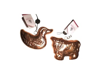 Cu Artigiana Italia Moldes de cobre hechos a mano con forma de vaca y pato / Juego de 2 moldes para hornear pasteles
