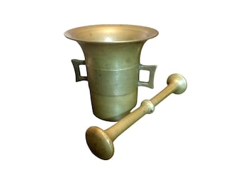 Mortero y maja de boticario de latón macizo del siglo XIX con triturador de pastillas