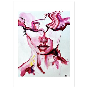 Puede incluir: Pintura de retrato abstracto que presenta el rostro de una mujer con un diseño fragmentado. La obra de arte utiliza tonos de rosa y rojo, con pinceladas visibles y un aspecto texturizado. Las iniciales del artista, "SE", están en la esquina inferior derecha.