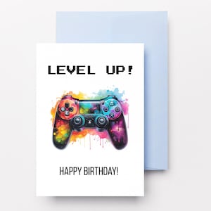 SALIRE DI LIVELLO! Biglietto di auguri di compleanno stampabile per ragazzo gamer - Download digitale 5x7 - Controller di gioco colorato ad acquerello - Compleanno di ragazzo adolescente JPG