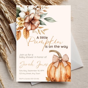 A Little Pumpkin is on the Way Baby Shower Invitation, Fall Editable Canva Template, Autumn Floral Baby Shower Invite, Instant Download