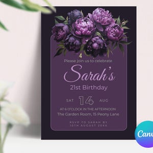 Elegante plantilla editable de Canva para invitación de cumpleaños floral para cualquier edad (21, 25 y 30 años), color negro y lila oscuro, descarga instantánea.