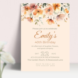 Modelo de convite de aniversário floral elegante, editável, convite de 40º aniversário para festa no jardim, convite digital para impressão, design Canva