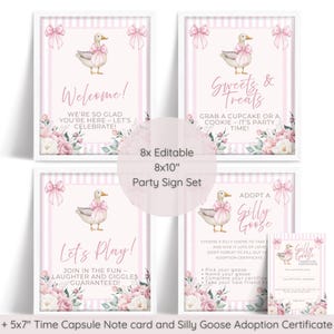 One Silly Goose Birthday Party Sign Bundle, 8x10” Signs + 5x7” Cards, Editable Text Templates, Girl 1st Birthday Printable