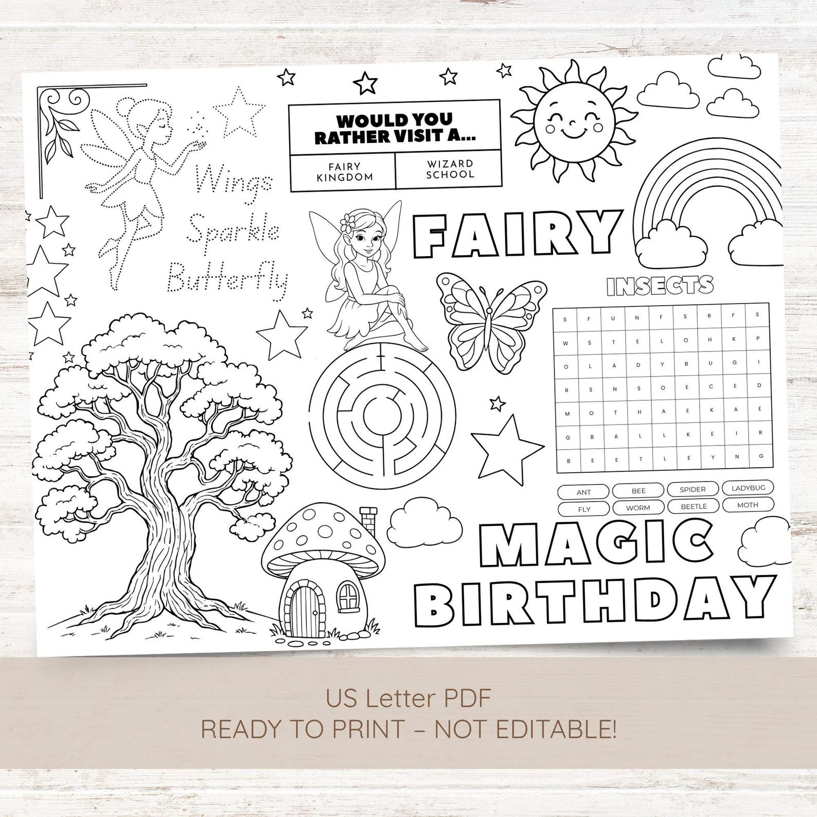 Fairy Activity Placemat, Printable Kids Coloring Sheet, Birthday Party ...