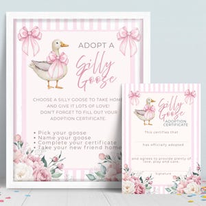 Adopt a Silly Goose Birthday Sign & Adoption Certificate, Editable Canva Template, Girl Goose Theme Birthday Party Printabe