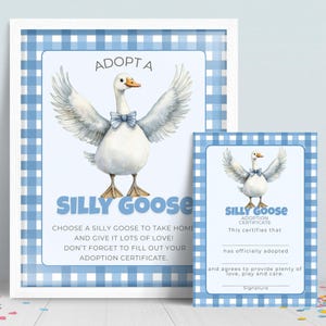 Adopt a Silly Goose Sign & Certificate, Blue Gingham Birthday Party Game, Printable Adoption Activity for Kids