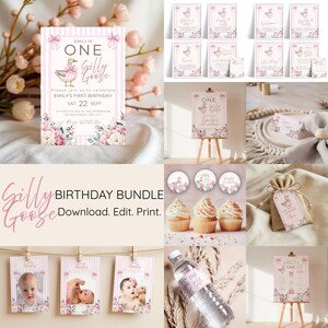 One Silly Goose Birthday Girl Bundle, Silly Goose 1st Birthday Decorations, Editable Canva Templates – Invitation, Signs, Food Labels & More