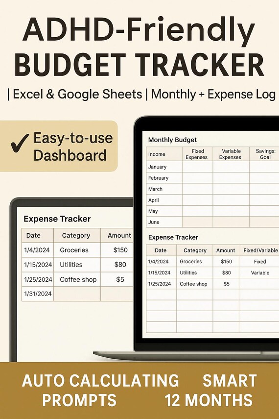 ADHD Budget Tracker for Google Sheets & Excel | Monthly Planner | Auto Calculating | Digital Download