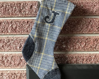 1 Small Stocking Personalized J Monogram Christmas Stocking, Handsome Plaid and Tweed Wool