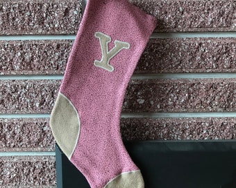 1 Small Stocking Personalized Y Monogram Christmas Stocking, Pink Speckled Wool, Light Tan Solid Wool
