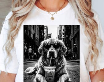 Golden Retriever Iced Coffee T-Shirt, Funny Dog Lover Gift, Coffee Drinking Golden Retriever Graphic Tee, Pet Parent Shirt