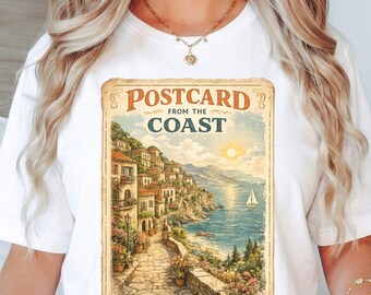 Postcard From The Coast T-Shirt, Vintage Italian Coast Gift, Amalfi Coast Graphic Tee, Mediterranean Travel Shirt