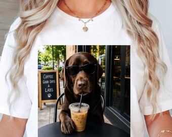 Chocolate Lab Coffee Lover T-Shirt, Funny Labrador Retriever Gift, Dog Cafe Graphic Tee
