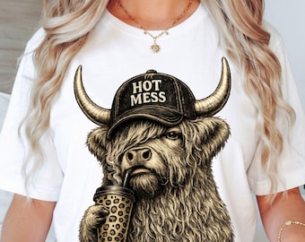 Hot Mess Highland Cow T-Shirt, Funny Highland Cow Gift, Coffee Lover Graphic Tee, Cute Cow Lover Shirt