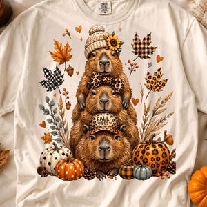 Gestapelde herfstcapibara's PNG | Luipaard- en ruitjespatroon voor de herfst (digitale download)