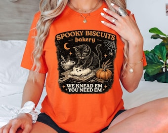 Spooky Biscuits Bakery Cat Halloween T-Shirt, Cute Black Cat Baker Gift, Fall Graphic Tee