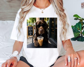 Chocolate Lab Coffee Lover T-Shirt, Funny Labrador Retriever Gift, Dog Cafe Graphic Tee