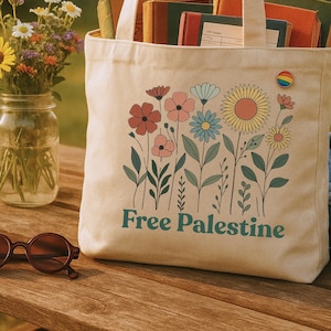 Free Palestine Tote Bag - Floral Canvas, Palestine Solidarity Bag, Activist Gift, Trending Tote, Protest Bag, Human Rights Tote