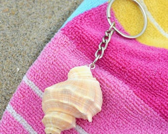 May include: A seashell keyring with a silver chain and ring. The natural-coloured shell is attached to a chain, resting on a pink and white striped towel. The towel is on a sandy surface.