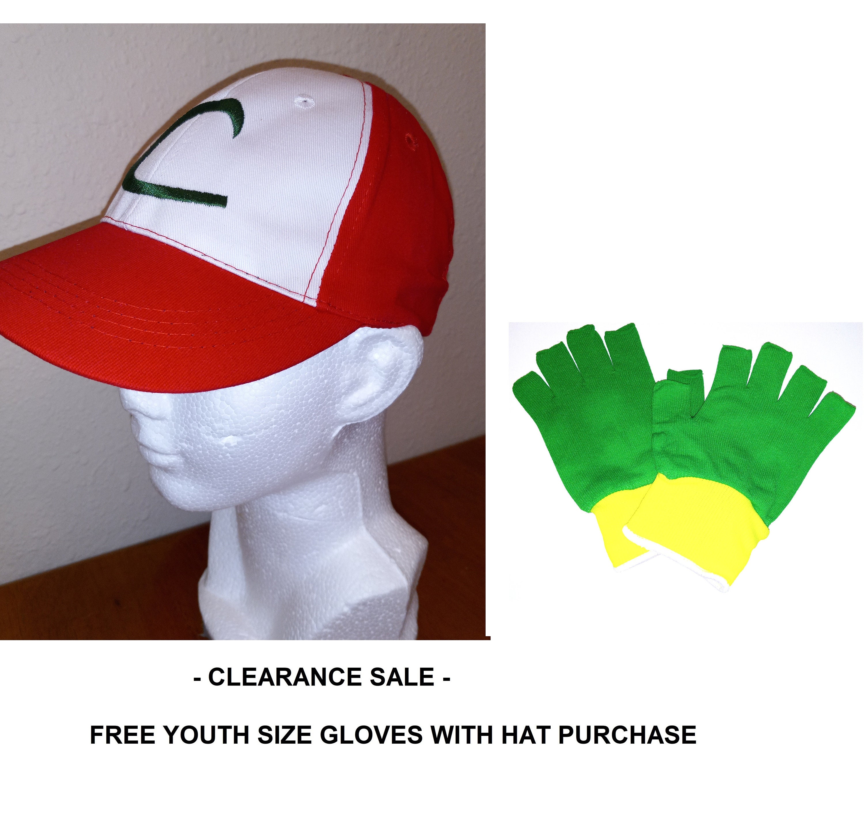 Ash Ketchum Childrens Costume Embroidered Hat and Trainer Gloves for Kids Ages 5-11 