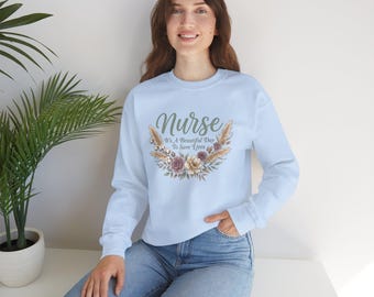 NURSE hand-lettered script crewneck sweatshirt | boho wildflower bouquet, sage green