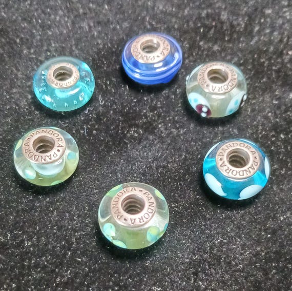 Set of 6 Pandora Murano Glass Beads in Teal and Blue