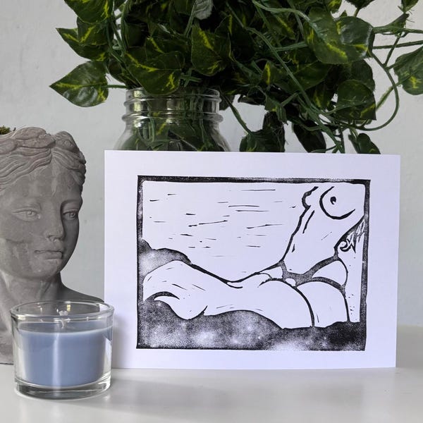 Limited Edition Lesbian Sapphic Strap On Block Print Art 5 by 7 in