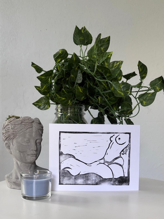 Limited Edition Lesbian Sapphic Strap On Block Print Art 5 by 7 in