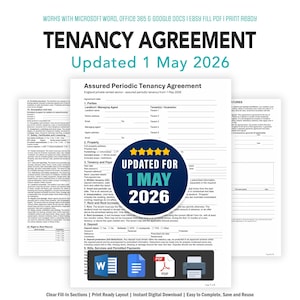 May include: A digital tenancy agreement document template titled Assured Periodic Tenancy Agreement, updated for 1 May 2026. The document features black text on white pages, a blue circular badge with five yellow stars, and icons for Word, Docs, PDF, and printer.