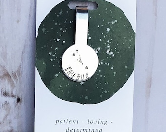 Taurus Zodiac Constellation Folded Aluminum Bookmark, Book Lover Gift, Gift for Readers, Metal Stamping, Hand Stamped, Handmade