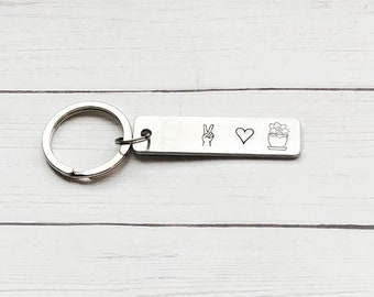 Peace Love Plants Keychain, Metal Stamping, Handstamped, Hand Stamped, Gardening Gift, Handmade