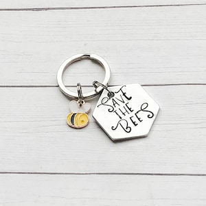 Save the Bees Bumblebee Keychain, Charm, Metal Stamping, Handstamped, Hand Stamped, Handmade