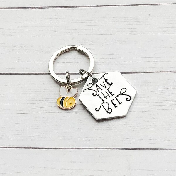 Save the Bees Bumblebee Keychain, Charm, Metal Stamping, Handstamped, Hand Stamped, Handmade