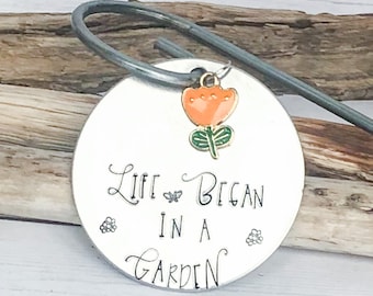 Life Began In A Garden Hanging Plant Stake, Herb Marker, Garden Label, Metal Stamping, Handstamped, Hand Stamped, Gardening Gift, Handmade