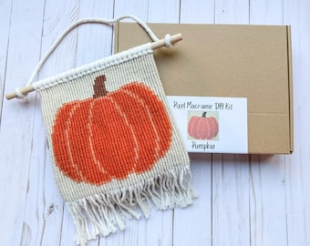 May include: A macrame wall hanging featuring a large orange pumpkin design. The pumpkin is centered on a beige background with a fringe at the bottom. The wall hanging is suspended from a wooden dowel with a natural rope hanger. A cardboard box is in the background.