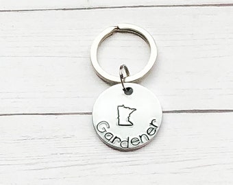 Minnesota Gardener Keychain, Metal Stamping, Handstamped, Hand Stamped, Gardening Gift, Handmade