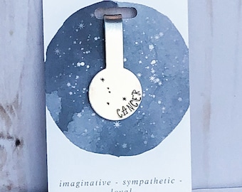 Cancer Zodiac Constellation Folded Aluminum Bookmark, Book Lover Gift, Gift for Readers, Metal Stamping, Hand Stamped, Handmade