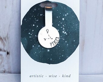 Pisces Zodiac Constellation Folded Aluminum Bookmark, Book Lover Gift, Gift for Readers, Metal Stamping, Handstamped, Hand Stamped, Handmade